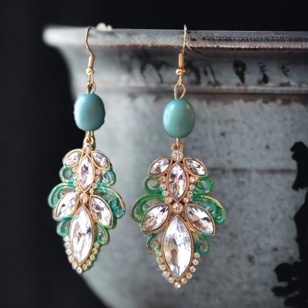 Sparkle Dangle Earrings Green Gold Event Pageant